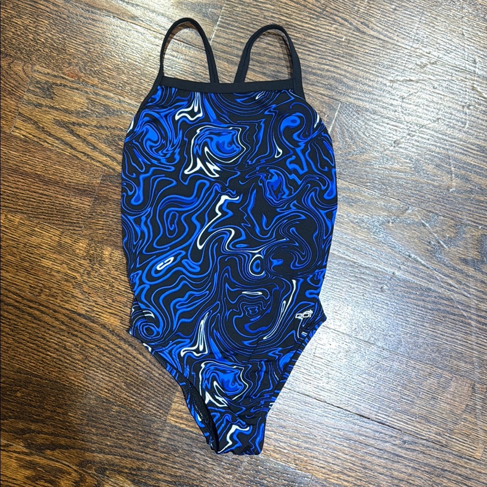 Girls Size 24 Bolted Flyback Speedo Swimsuit - Blue Black Swirl Pattern Swimsuit